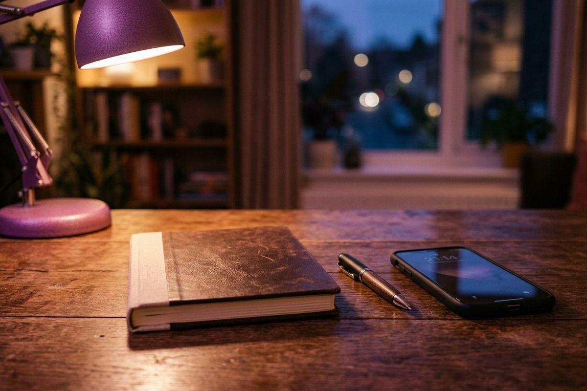 Buku catatan dan pena di samping ponsel di atas meja kayu bercahaya lampu ungu