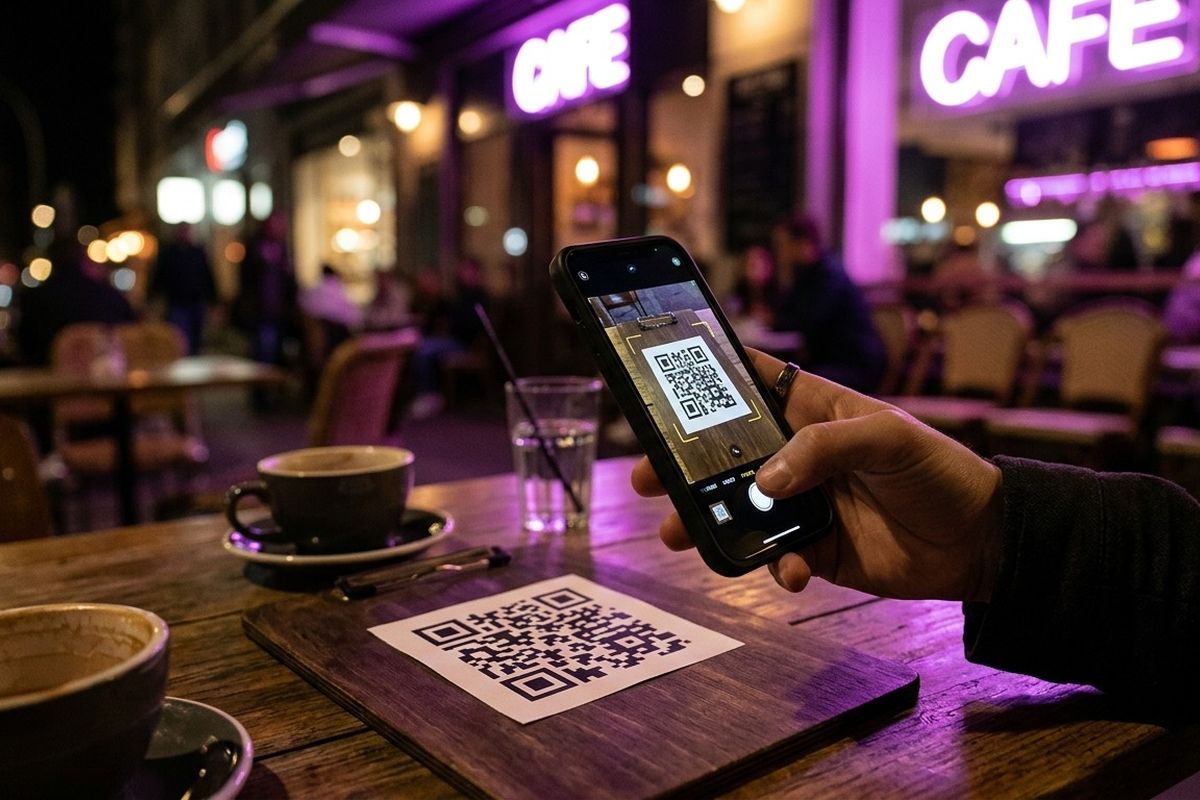 Ponsel memindai kode QR di atas meja kafe dengan pantulan lampu ungu