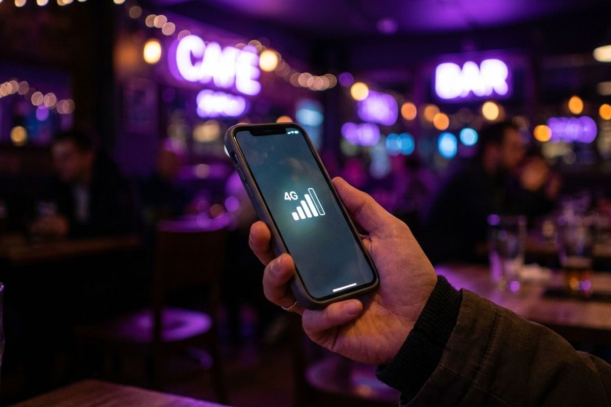 Tangan memegang ponsel memeriksa koneksi di kafe dengan lampu neon ungu