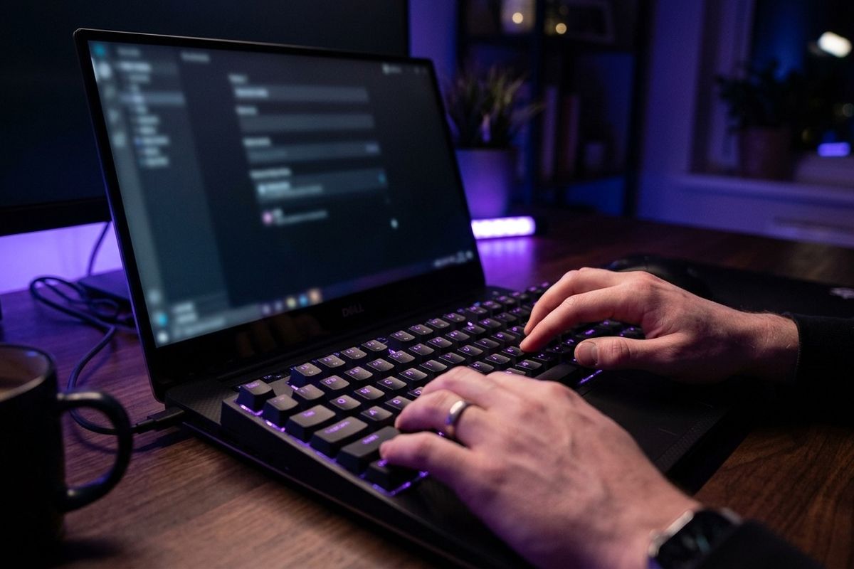 Tangan mengetik pada papan tombol laptop di meja gelap bercahaya ungu