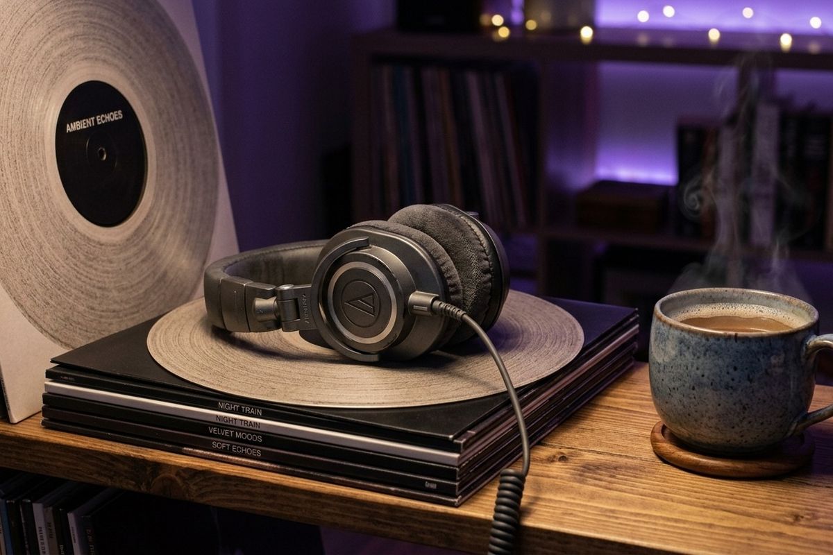 Headphone tergeletak tenang di atas piringan hitam di samping cangkir teh