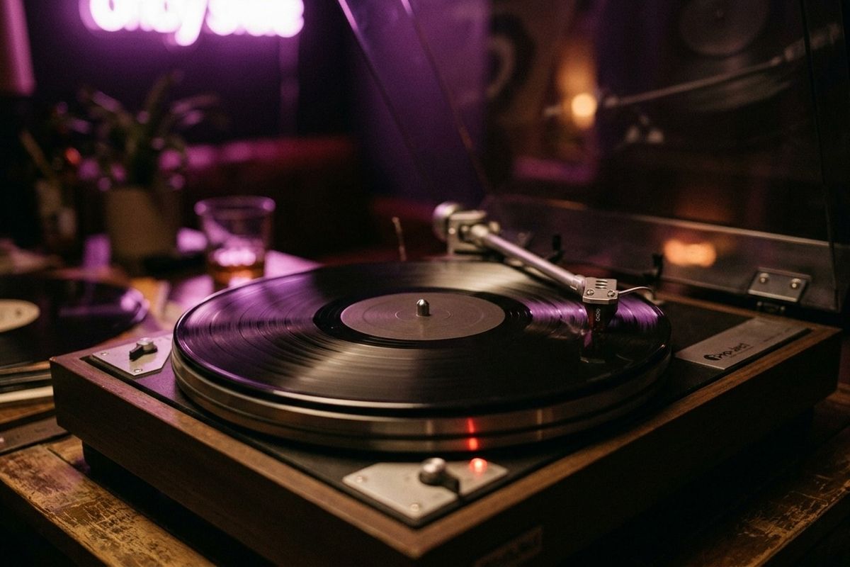 Piringan hitam berputar di atas turntable dengan pencahayaan ungu lembut